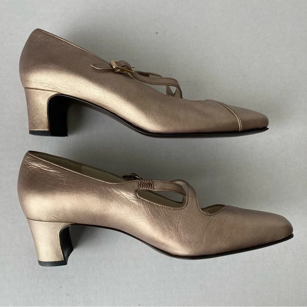 Yoshinoya Ginza‎ Tokyo Rose Gold Metallic Leather Mary Jane Block Heels Japan 22